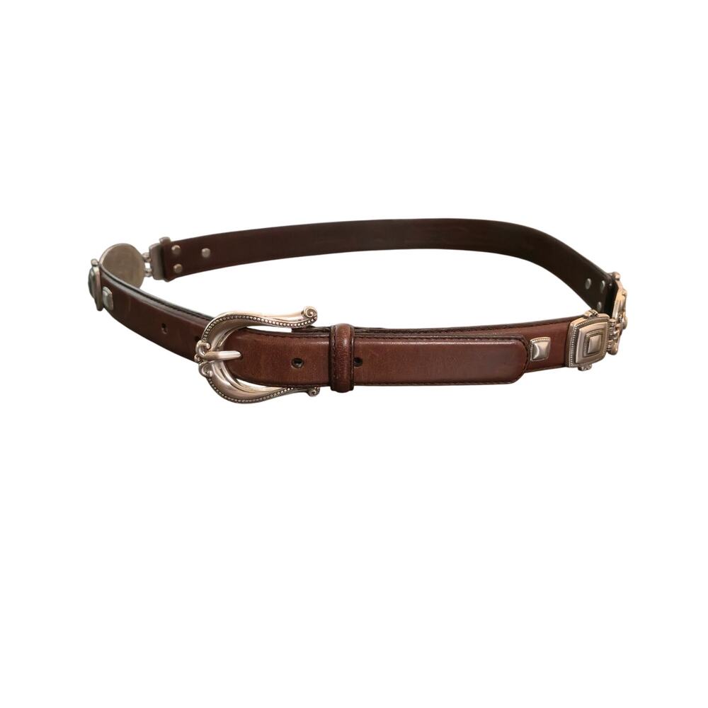 Western Concho Leather Belt Silver Tone Medallion Medium Brown Country Fossil